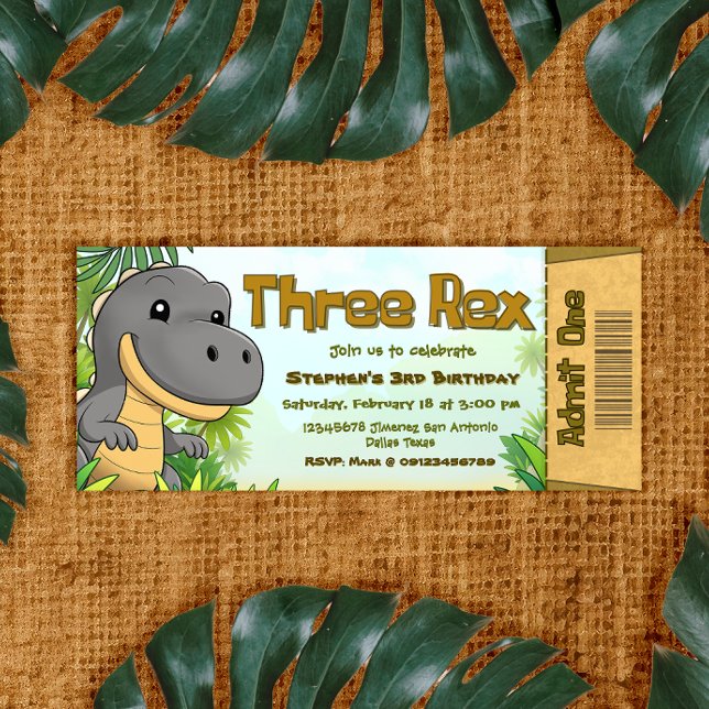 Convite Bilhete de Aniversário de 3 anos do Three Rex Boy (Three Rex Boy 3rd Birthday Ticket Invitation)