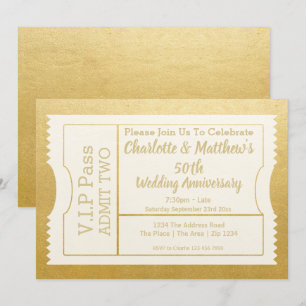 Convite Bilhete de Aniversário de 50 anos VIP Falso Ouro