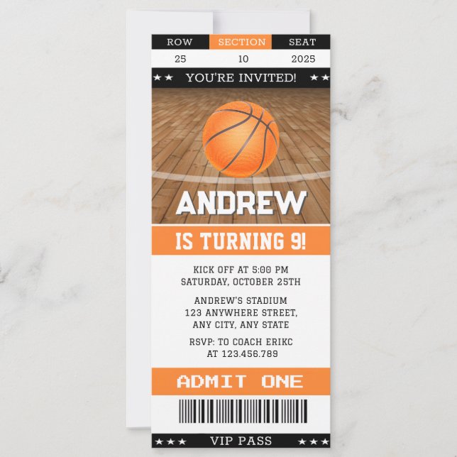 Convite Bilhete de Aniversário de Basquete Pessoal Qualque (Frente)