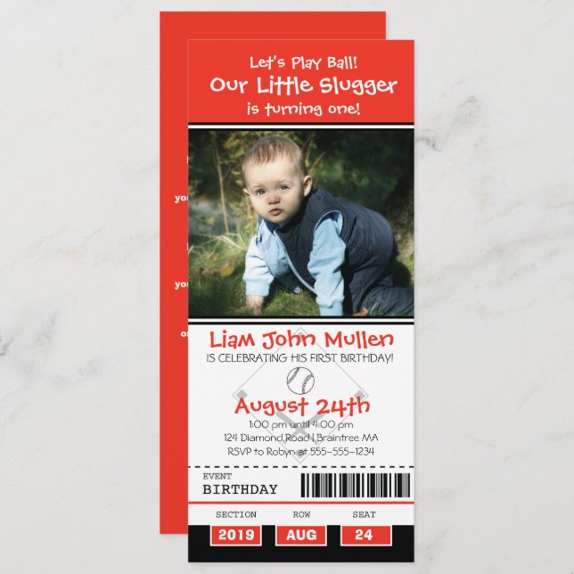 Convite Bilhete de aniversário de beisebol (Frente/Verso)