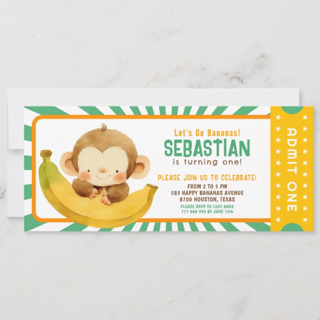 Convite Bilhete de Aniversário de criança de macaco da sel (Frente)