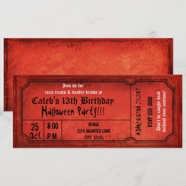 Convite Bilhete de Aniversário de Halloween Vermelho Cláss (Frente/Verso)