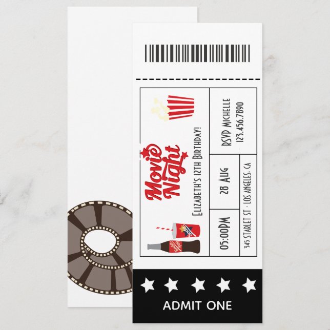 Convite Bilhete de Aniversário de Noite de Filme Retrô (Frente/Verso)