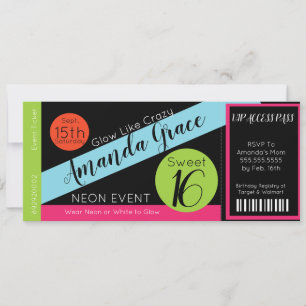 Convite Bilhete de Aniversário de Sweet Sixteen VIP Neon G