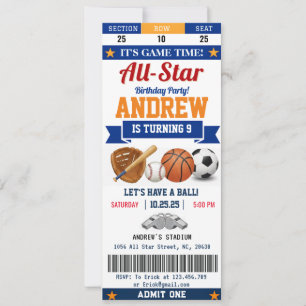 Convite Bilhete de Aniversário Esportivo All Star Pessoal