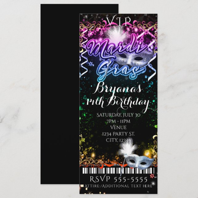 Convite Bilhete de Aniversário VIP Arco-íris de Mardi Gras (Frente/Verso)