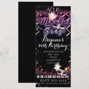 Convite Bilhete de Aniversário VIP Dourado de Plum Carnava