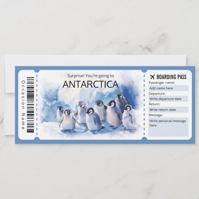 Convite Bilhete de avião Antártico Editável Trip Antártica (Frente)