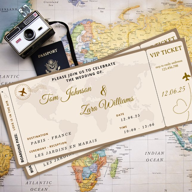 Convite Bilhete de Avião VIP de Casamento de Embarque Beig (Fake Ticket Boarding Pass Travel Themed Gift Invitation)