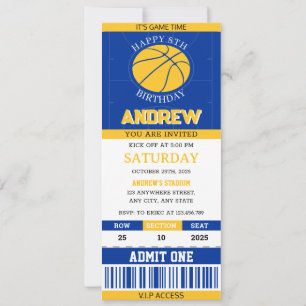 Convite Bilhete de Basquete Pessoal Azul e Amarelo Anivers
