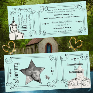 Convite Bilhete de Capela Romântica Aqua Casamento