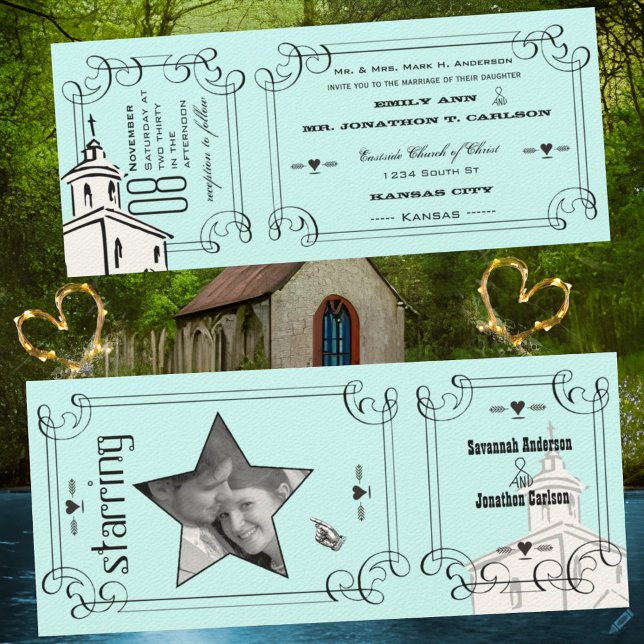 Convite Bilhete de Capela Romântica Aqua Casamento (Criador carregado)