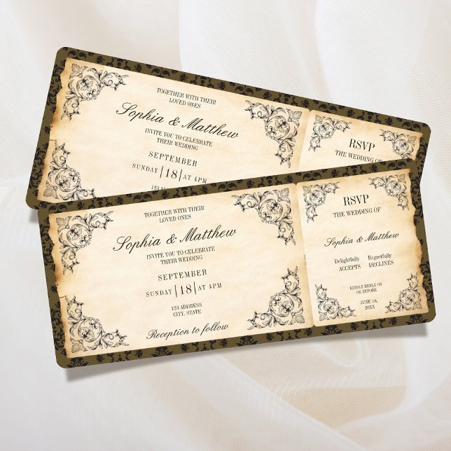 Convite Bilhete de Casamento Antigo RSVP Barroco (Vintage Wedding Ticket RSVP Baroque Invitation)