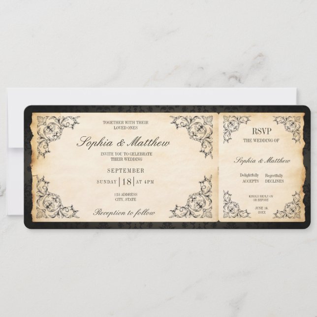 Convite Bilhete de Casamento Antigo RSVP Barroco Preto (Frente)