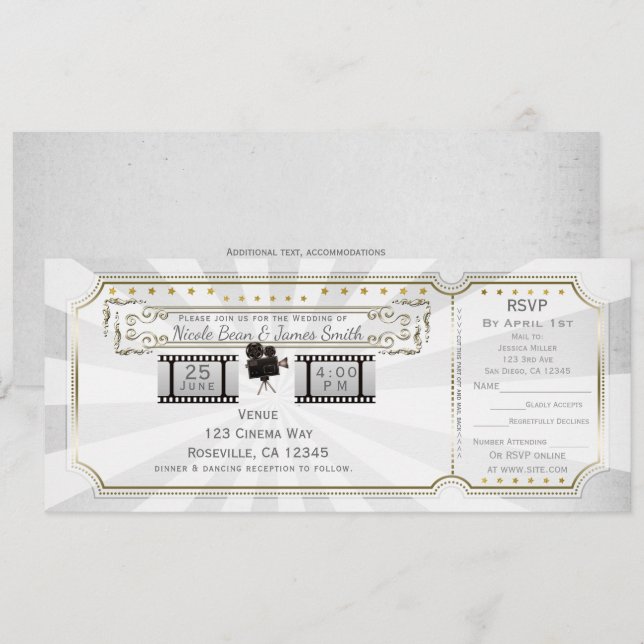 Convite Bilhete de Casamento Cinema Vintage Ouro Branco &  (Frente/Verso)