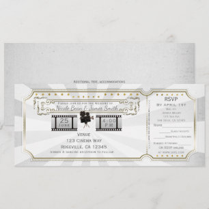 Convite Bilhete de Casamento Cinema Vintage Ouro Branco & 