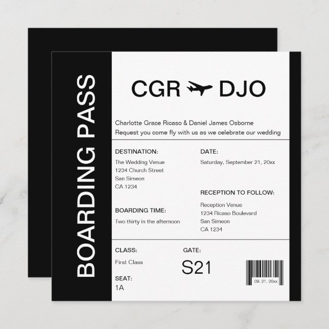 Convite Bilhete de Casamento de Passagem de Embarque viage (Frente/Verso)