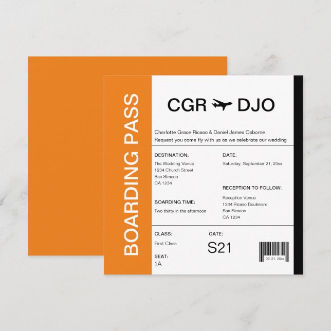 Convite Bilhete de Casamento de Passagem de Embarque viage (Frente/Verso)