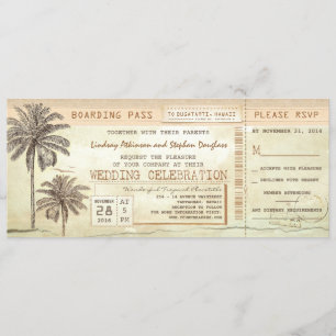 Convite Bilhete de Casamento de Vintage Palms Seaside Emba