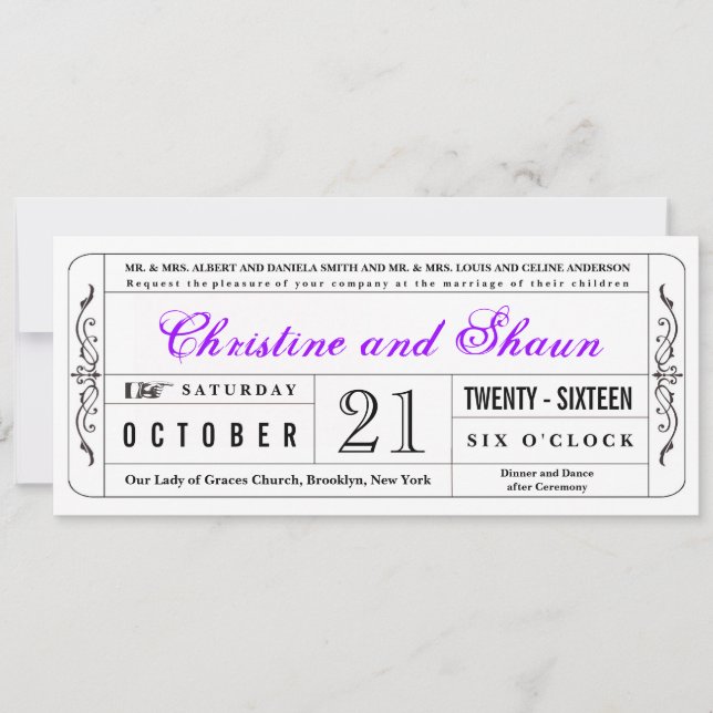 Convite Bilhete de Casamento do Estilo Vintage em Roxo (Frente)