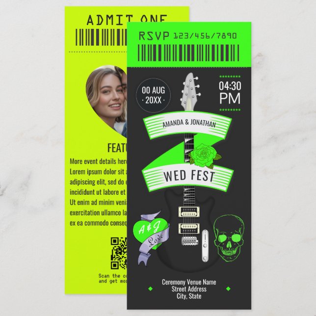Convite Bilhete de Casamento Rock ’n’ Roll Electric Lime (Frente/Verso)