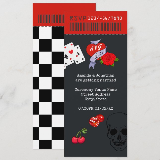 Convite Bilhete de Casamento Rockabilly (Frente/Verso)