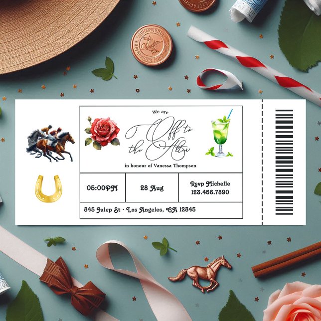Convite Bilhete de Chá de panela Derby Day "Off to the Alt (Derby Day "Off to the Altar" Bridal Shower Ticket Invitation)