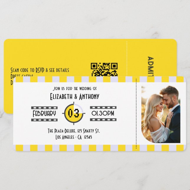 Convite Bilhete de Cinema Amarelo, Lavanda e Branco da Ger (Frente/Verso)