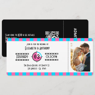 Convite Bilhete de Cinema Azul Neon, Rosa Vibrante e Preto