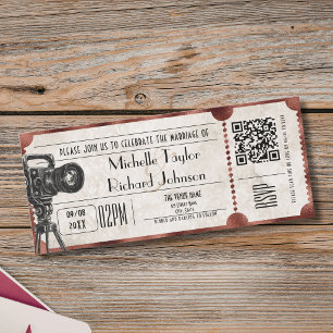 Convite Bilhete de Cinema Rústico Antigo com Código QR RSV