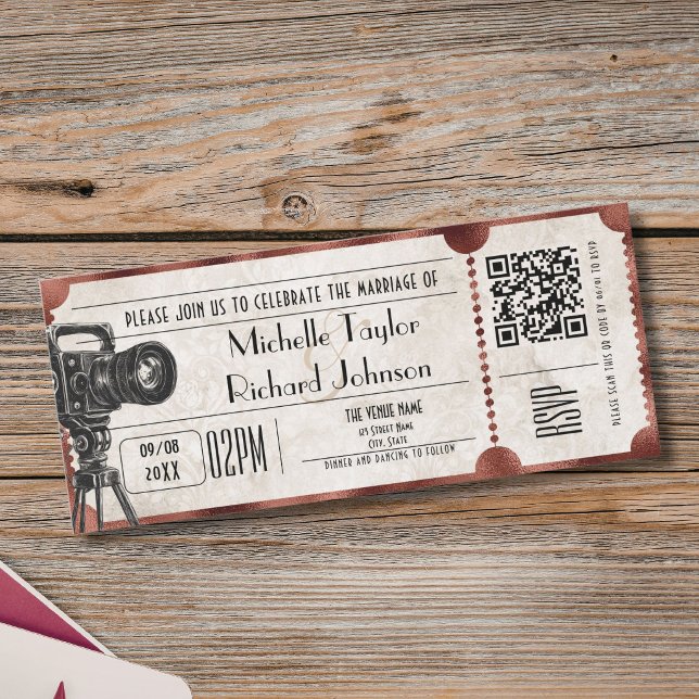 Convite Bilhete de Cinema Rústico Antigo com Código QR RSV (Rustic Vintage Movie Ticket with RSVP QR Code Invitation)