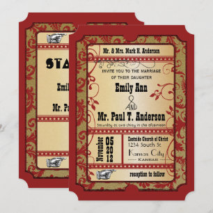 Convite Bilhete de Cinema Vermelho e Dourado Vintage Broad