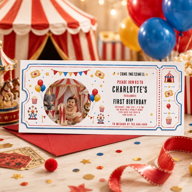 Convite Bilhete de Circo Vermelho Moderno para 1º Aniversá (Modern Red Circus Ticket 1st Birthday | Any Gender Invitation
)