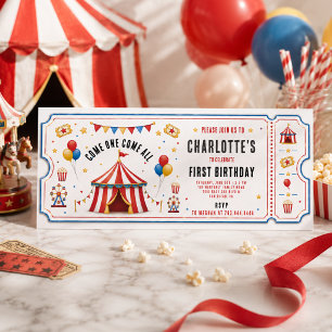 Convite Bilhete de Circo Vermelho Moderno para 1º Aniversá