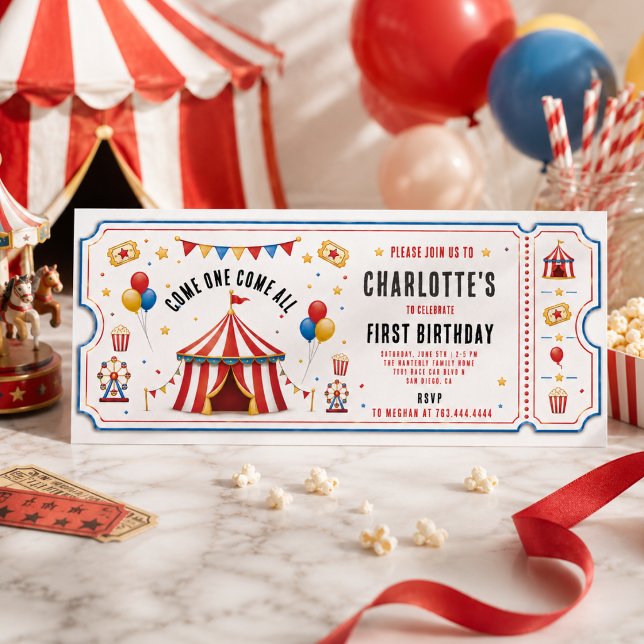 Convite Bilhete de Circo Vermelho Moderno para 1º Aniversá (Modern Red Circus Ticket 1st Birthday | Any Gender Invitation
)