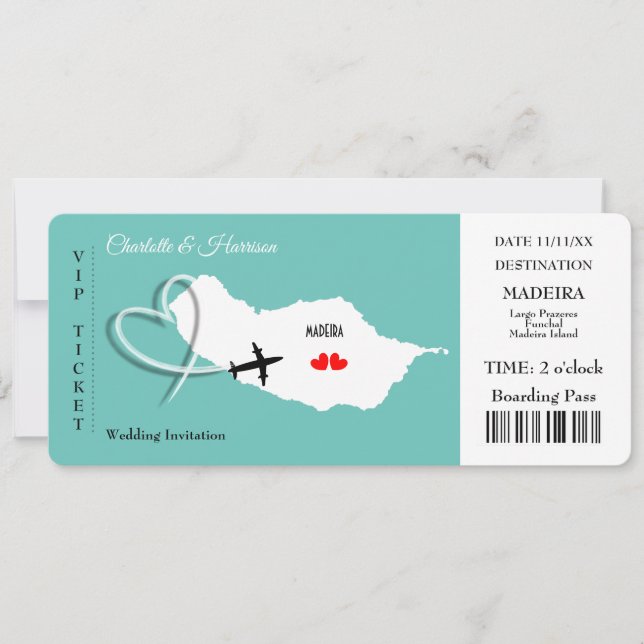 Convite Bilhete de Destino de Casamento Madeira Europa (Frente)