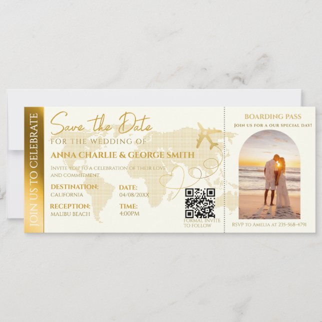 Convite Bilhete de Embarque Com Foto de casamento (Frente)