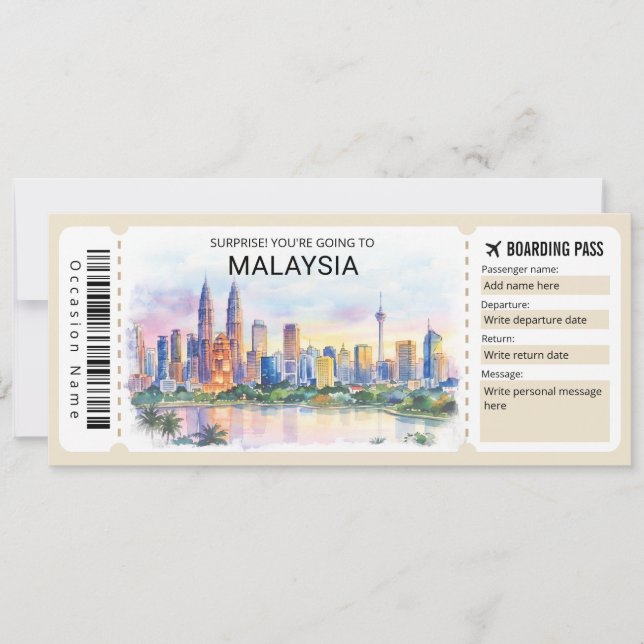 Convite Bilhete de Embarque da Viagem para a Malásia (Frente)
