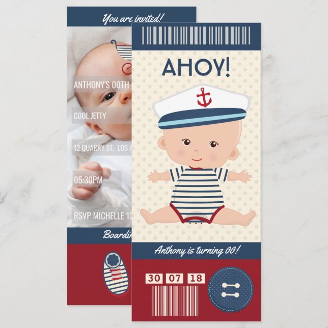 Convite Bilhete de Embarque de Aniversário de Bebê Náutico (Frente/Verso)