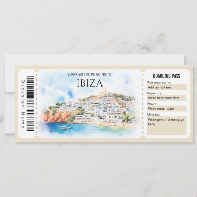Convite Bilhete de Embarque de Plano Ibiza Editável (Frente)
