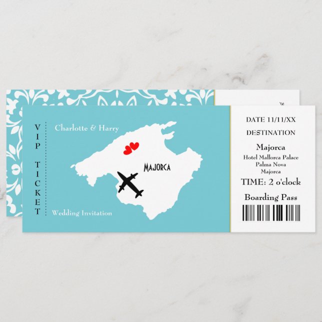 Convite Bilhete de Embarque Pass Casamento Destino Maiorca (Frente/Verso)