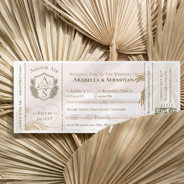 Convite Bilhete de Embarque Tropical para Casamento de Des (Tropical Boarding Plane Ticket Destination Wedding Invitation (Front))