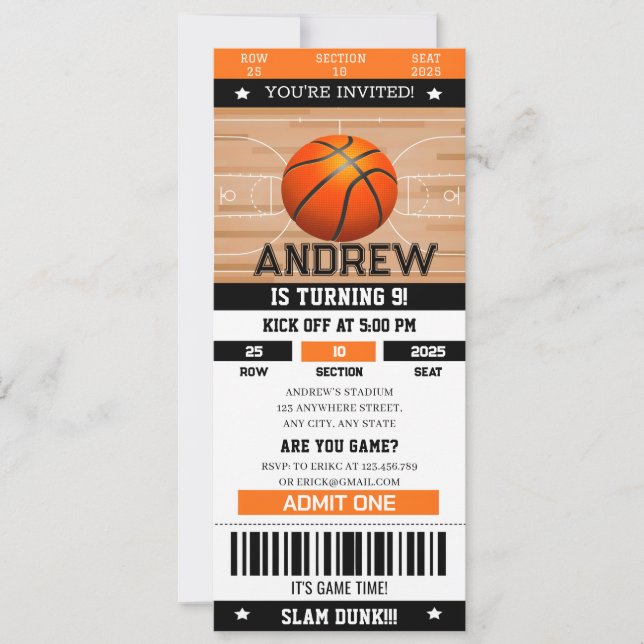 Convite Bilhete de Esportes de Bash de Birthday Slam Dunk  (Frente)
