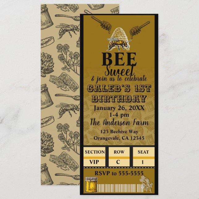 Convite Bilhete de Evento de Aniversário de Colmeia de Abe (Frente/Verso)