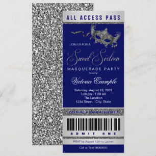 Convite Bilhete de festa Blue Silver Sweet 16