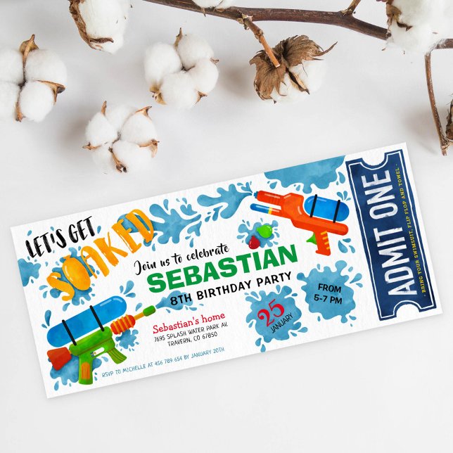 Convite bilhete de festa de aniversário de arma de água (Criador carregado)