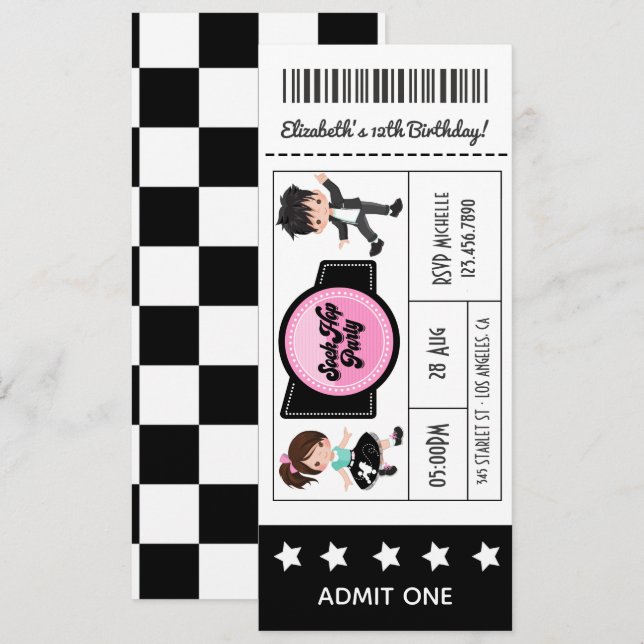 Convite Bilhete de Festa Sock Hop (Frente/Verso)
