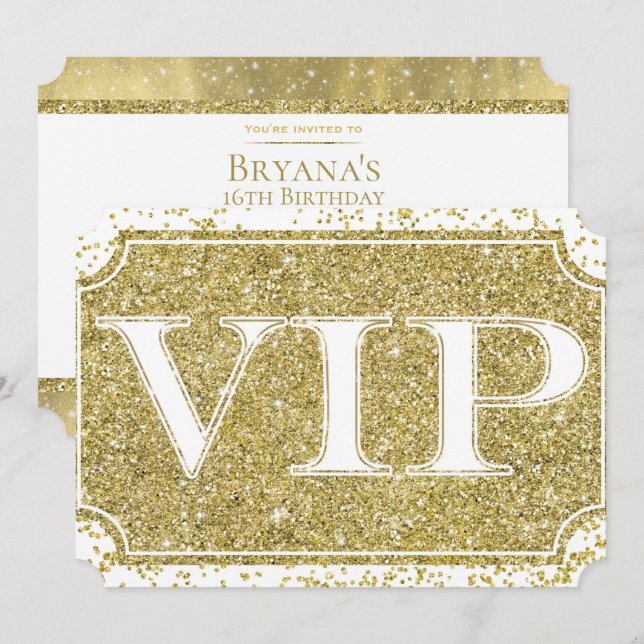 Convite Bilhete de Festa VIP Glam Glitter Ouro Branco Conf (Frente/Verso)