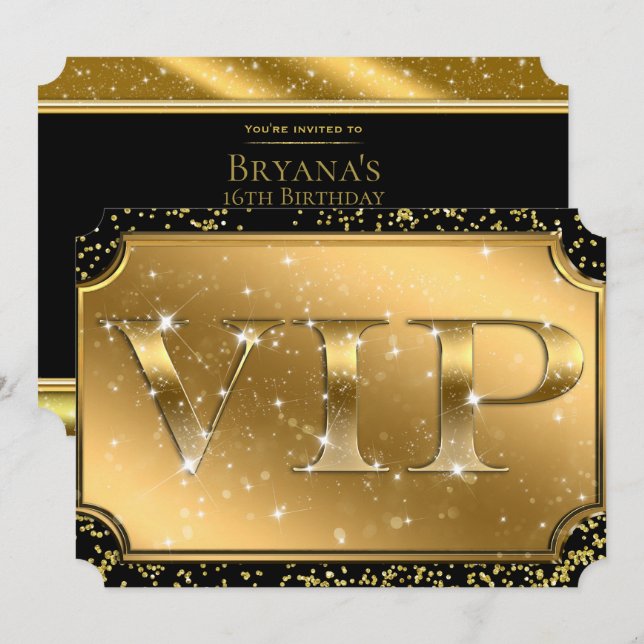 Convite Bilhete de festa VIP Glamour Brilho Confete Preto  (Frente/Verso)