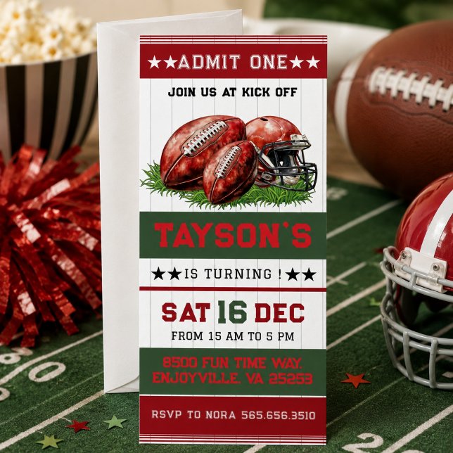Convite Bilhete de Futebol do Primeiro Ano de Caída Festa  (First Year Down Football Ticket 1st Birthday Party Invitation)